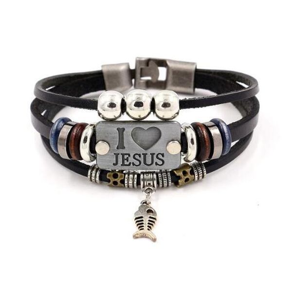 Amo a Jesús pulseras con dijes, colgante de pez Vintage, pulseras de cuero multicapa cristianas para hombres y mujeres, brazalete 2021