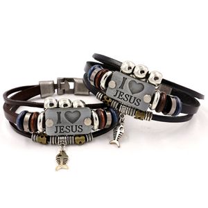 I Love Jesus Christian Lederen Multilayer Armbanden Retro Handgemaakte Beaded Charm Cuff for Men Dames Sieraden