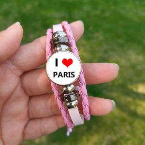Ik hou van Paris Pink Bracelet 2024 Frankrijk Vlagglas Foto Handgemaakte lederen armbanden voor damesmeisje