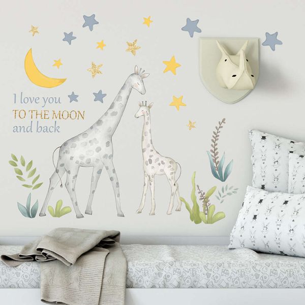 Te amo dibujos animados jirafa mamá y niños pegatinas de pared estrellas Luna calcomanías de pared para habitación de niños dormitorio bebé Mural papel tapiz