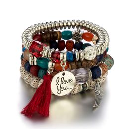 Je t'aime Bracelets à breloques mode aile pendentif rond perles de riz bracelet perlé amoureux couples cadeau bohème coloré multicouche élastique bijoux faits à la main Pulsera