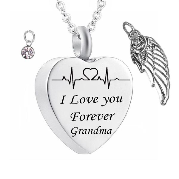 Je t'aime pour toujours grand-mère pierre de naissance cendres coeur pendentif urne commémorative collier aile d'ange en acier inoxydable étanche crémation Je295e
