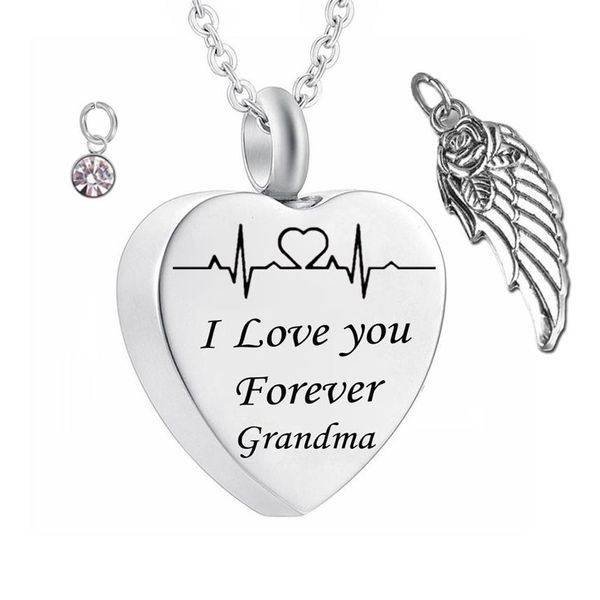 Je t'aime pour toujours grand-mère pierre de naissance cendres coeur pendentif urne commémorative collier aile d'ange en acier inoxydable étanche crémation Je253M