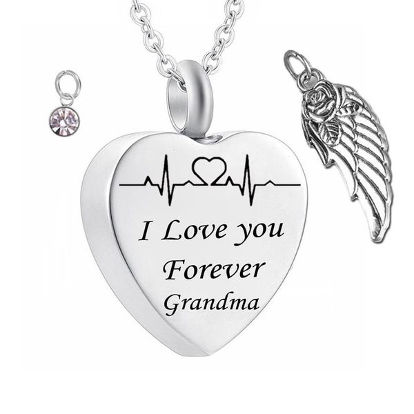 Je t'aime pour toujours grand-mère pierre de naissance cendres coeur pendentif urne commémorative collier aile d'ange en acier inoxydable étanche crémation Je238f