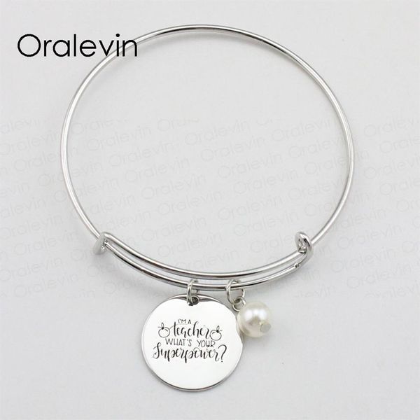 JE SUIS UN ENSEIGNANT QU'EST-CE QUE VOTRE SUPERPOUVOIR Inspirational Hand Stamped Gravé Custom Pendentif Extensible Bracelet Diy Jewelry 168f