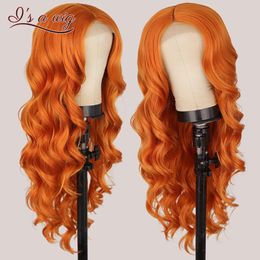 I's a wig – perruques synthétiques longues ondulées, Orange gingembre, à reflets noirs et bruns, avec raie centrale, cheveux de Cosplay pour femmes, 240111