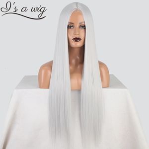 I's a wig – perruque synthétique longue et lisse grise pour femmes, couleur Blonde, noire, Orange, partie centrale, perruque de Cosplay en Fiber résistante à la chaleur 240111