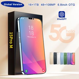 I15 Pro MAX CELL THELLES 6,7 pouces Smartphone 4G LTE 5G Smartphones 16 Go RAM 1 To Caméra 48MP 108MP Face ID GPS OCTA Core Android Mobile Phone Mobile Tag Scellé Boîte