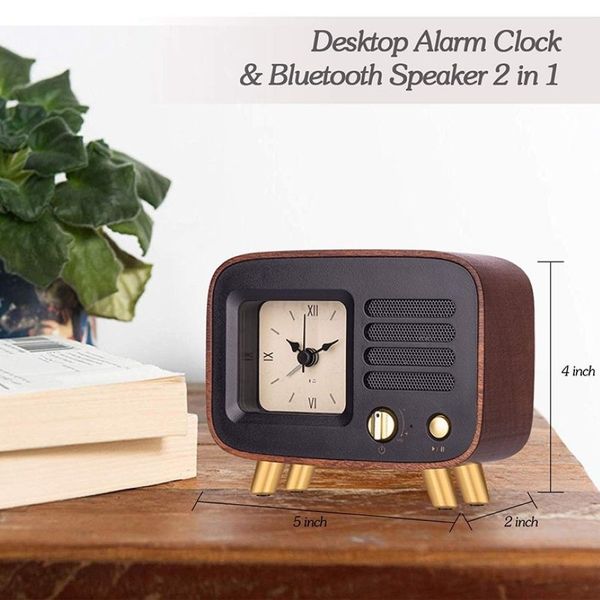 IALJ Top Retro Despertadores Bluetooth Altavoz Números Romanos Reloj de Escritorio Analógico de Madera Silencioso W Estéreo Recargable HD Soun274c