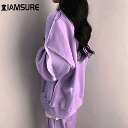 Iamsure Basic Casual Sweatshirt Hoodies Sets voor Dames Streetwear Vrouwelijke Lente Herfst Vaste Oversize Pullover Nieuwe Fashiontops Y0820