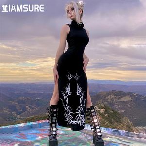 IAMSURE Dark Split Side Summer Dress Gothic Sexy Slim cuello alto sin mangas vestidos largos para mujeres Party Night Club Wear 226014