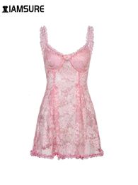 IAMSURE dulce lindo encaje camisola vestido ver a través sexy delgado sin mangas volantes arco aline mini vestidos para mujeres verano primavera dama 240401