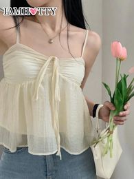 IAMTY STYLE SWEET Sweet Fluffy Camis A-Line Lace-Up Double couches Crop Top Y2K Tabargeur esthétique Holide Viete mignon VEMPS 240408