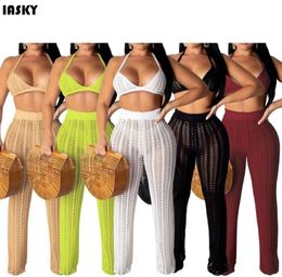 Iasky Sexy Women Bikini Cover Up 2019 Nouveau Crochet Tops Pantalon Bikini Swimsuit Solid Beach Bathing Fssuile Cover Ups 2pcSset Y2007065783806