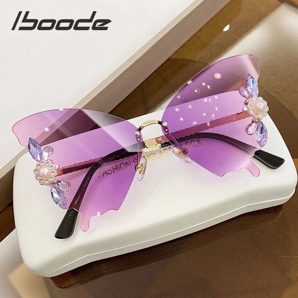 Iboode lunettes de soleil en forme de papillon diamant lunettes de soleil sans cadre pour femmes fille cadre exagéré à la mode rétro Vintage lunettes 240125