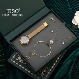 IBSO Women's Set Water Diamond Jewelry Bracelet Collier Four Fresh Student Gold Gift Commémorative Watch