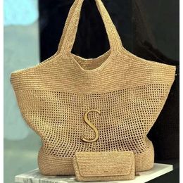 ICare Maxi 58cm Wit Zwart Kahki Tote Designer Women Handtas Raffia's Handbeklaagde Straw Beach Grote capaciteit Takken Booptas met portemonnee