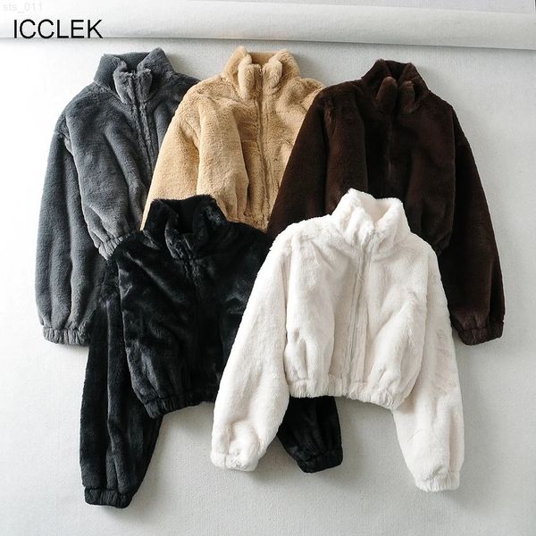 ICCLEK Abrigo de piel de imitación suelto coreano Otoño e invierno para mujer Espesado Medio cuello alto Cremallera Chaqueta corta Top cálido T220716