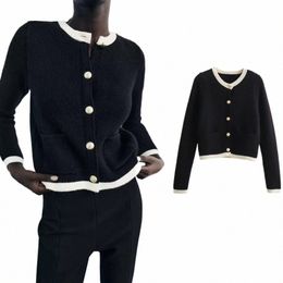 icclek TRAF 2024 Pull à simple boutonnage pour femme Style petit parfum Tricots Boutique officielle Cardigan en tricot de printemps Vêtements d'extérieur H77y #