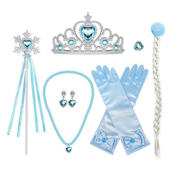 Hielo y nieve 2 Princesa Corona Collar copo de nieve palo guante Anillo Pendiente Joyería peluca conjunto para niños