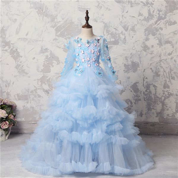 Apliques de mariposa azul hielo Vestidos para niñas Vestidos de manga larga transparentes con cordones en la espalda Vestidos de niña de las flores para la boda Vestido de bola de bebé con gradas de tul