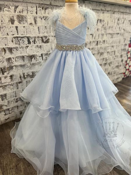 Ice Blue Girl Pageant Robe 2023 Cristaux Sash Organza Petit Enfant Anniversaire Robe De Fête Formelle Infantile Adolescents Préadolescents Minuscule You257x