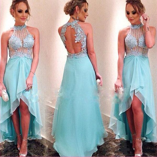 Bleu glace haut bas transparent robe de bal sexy appliques perlée vert menthe femmes robe de soirée dos ouvert salut-lo robes de bal