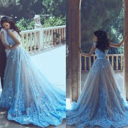 Ice Blue Lace Applicaties Prom Dresses 2017 Crew Mouwloze Tulle Court Train Avondjurken zei Mhamad A Line Formele Feestjurk Vestidos