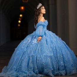 IJsblauwe crystal quinceanera met lange mouwen jurken gillter uit schouder 3d bloemen veter korset prom Vestidos para xv anos