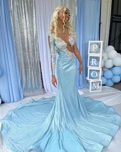 Ijsblauw Zeemeermin Afrikaanse Prom Jurken Voor Vrouwen Sparkly Crystal Applique Sheer Mesh Celebrity Runway Verjaardag Jurk 2024