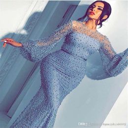 Ice Blue Mermaid Prom Dresses Sheer Neck Manga larga Sweep Train Peras Beads Zipper Vestidos formales Evening Party Wear vestidos de 307Y