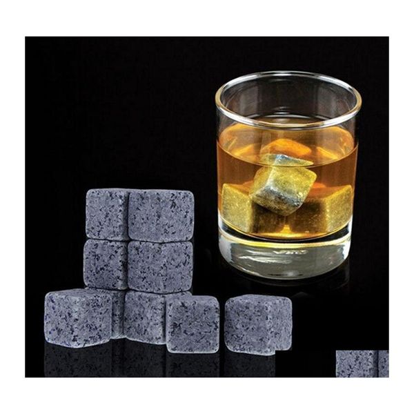 Seaux à glace et glacières 180 pièces/20 ensemble de pierres naturelles de haute qualité 9 pièces/ensemble refroidisseur de whisky Rock stéatite Cube avec pochette de rangement Veet Otvfn