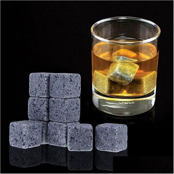 Seaux À Glace Et Glacières 180Pcs / 20Set Pierres Naturelles De Haute Qualité 9Pcs / Set Whisky Cooler Rock Soapstone Cube Avec Pochette De Rangement Veet Dhnmc