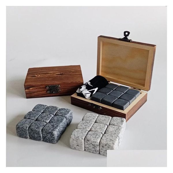 Seaux à glace et refroidisseurs 9 pcs Whisky Stones Cubes Roches réutilisables Boissons Chilling pour Scotch Bourbon Boire Cadeaux Set Drop Deliv Dhtz1