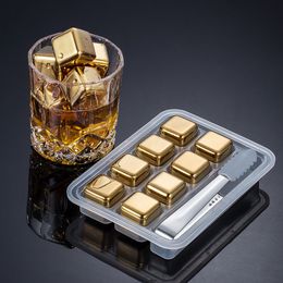 Cubos de hielo y enfriadores Juego de cubos de oro de acero inoxidable Cerveza Vino tinto Piedras de enfriamiento reutilizables Vodka Whisky Mantenga las bebidas Barra fría Cubo Herramientas 230706