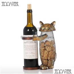 Seaux à glace et refroidisseurs Tooarts Cat Wine Rack Récipient en liège Porte-bouteille Cuisine Bar Artisanat en métal Cadeau de Noël Artisanat Animal S Dhbp5