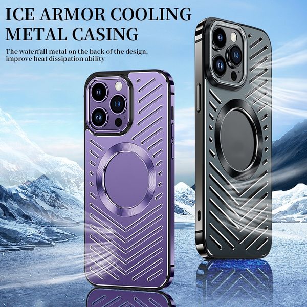 Funda magnética de carga inalámbrica de Metal con refrigeración por hielo para iPhone 14 12 13 Pro Max carcasa hueca disipación de calor armadura dura a prueba de golpes