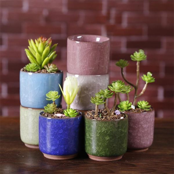 Glace pilée Mini céramique Pot de fleurs coloré mignon Flowerpot pour PC de bureau Décoration charnue Plantes en pot Planters pots de fleurs pouce