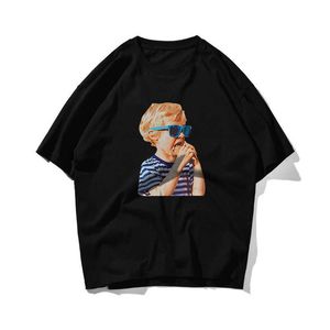 IJs zonnebril jongen hiphop oversize t-shirt mannen streetwear Koreaanse handgeschilderde t-shirt korte mouw katoen losse t-shirt 210603