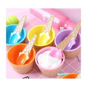 Outils de crème glacée Bol de glaces en plastique mignon avec cuillère Ecofriendly Dessert Colorf Tart Bols Conteneur Set Coupe Enfants Vaisselle Invento Dhfo2