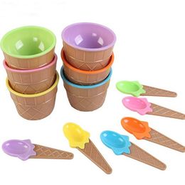 Herramientas para helados, bonito cuenco de plástico para helados con cuchara, postre ecológico, cuencos coloridos para tarta, juego de recipientes, taza, vajilla para niños