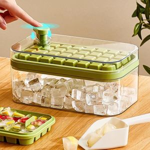 Herramientas para helados Herramientas para helados Bandeja para cubitos de hielo Caída con un clic Fácil de liberar Molde de hielo de silicona de 32 cavidades para cóctel Fabricante de cubitos de hielo con caja de almacenamiento Bandeja de hielo