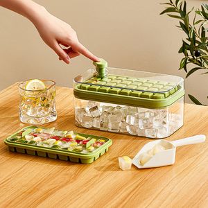 Outils de crème glacée Bac à glaçons Chute en un clic Moule à glace en silicone à 32 cavités pour machine à glaçons à cocktail avec boîte de rangement Bac à glaçons