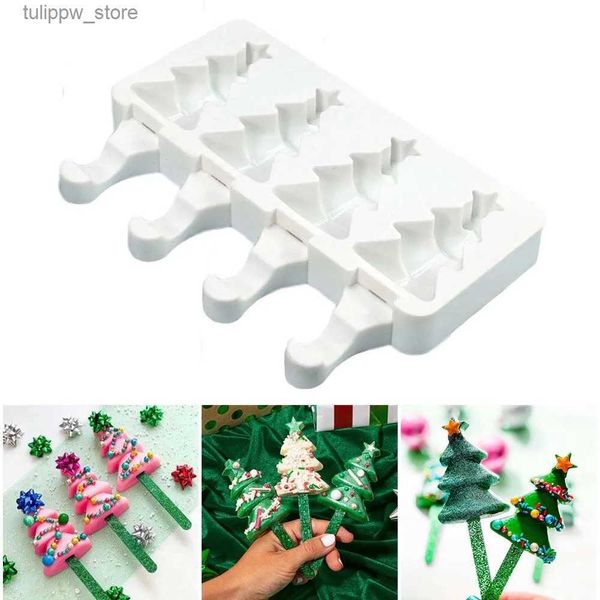 Herramientas de helado Nuevo 4 celdas Árbol de Navidad Molde de helado de silicona Molde de paleta de estrella Molde de paleta de hielo Cubo de paleta Postre Barril de paleta Herramienta para hacer moldes DIY L240319