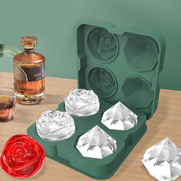 Outils de crème glacée Rose Diamant Forme Cube Moule 3D Grand Silicone Whisky Vin Refroidir Maker Avec Couvercle EasyRelease Congélateur Plateau Cuisine Outil 230412