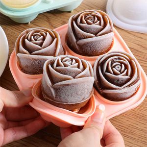 Ice Cream Tools Silicone Molds for Ice Cube with Lid 4 Holes Rose Flower Shape Reusable Ice Cube Tray Kitchen Accessories Ice Cream Maker Tool Z0308
