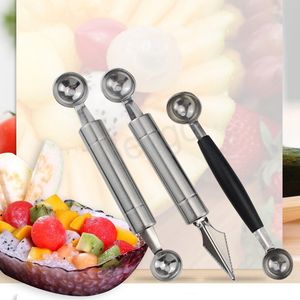 Crème Glacée Pastèque Cuillères En Acier Inoxydable Double Tête Fruit Dig Ball Scoops Gâteau Fromage Cuillères Cuisine Vaisselle Cuillère BH6397 WLY