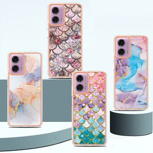 24Designs Marble Soft IMD TPU Cas chromés pour Samsung A35 A55 Moto G84 G34 G04 Pixel 9 Pro Xiaomi Redmi 13C Léopard Flower Ocean Bling Plating Stone Téléphone Back Cover Back