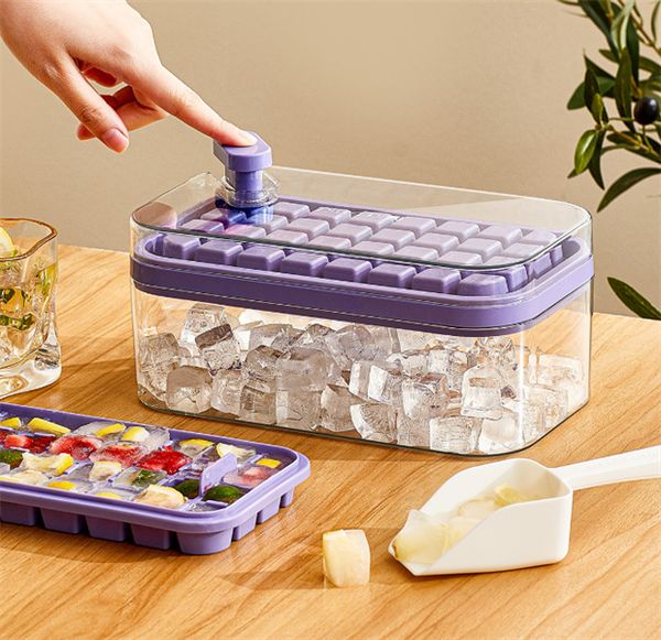 Fabricante de cubitos de hielo con caja de almacenamiento, tipo prensa de silicona, bandeja para hacer cubitos de hielo, molde para Bar, Gadget, accesorios de cocina JL1328