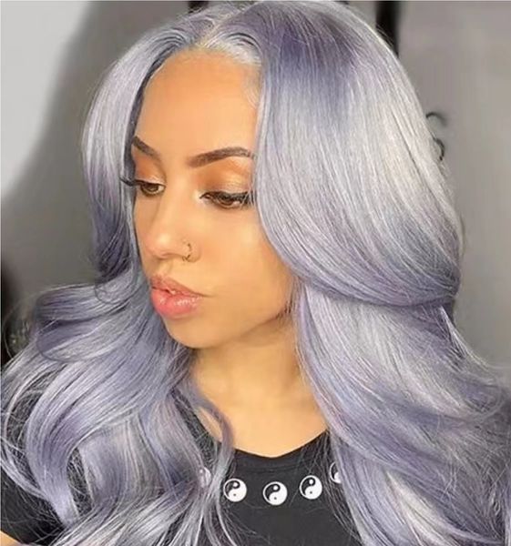 Color gris hielo ondulado 13x4 pelucas delanteras de encaje 100 pelucas de cabello humano